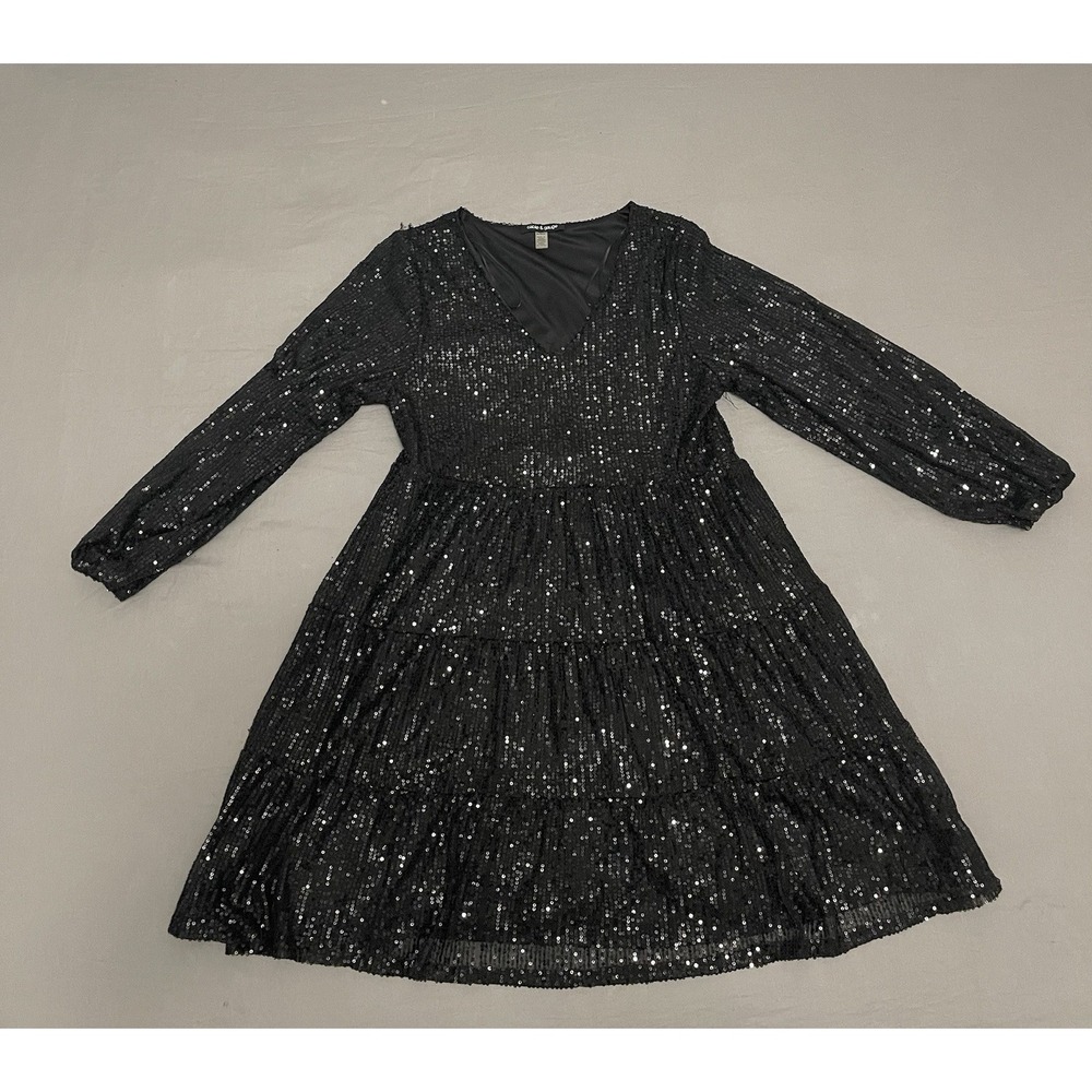 Cable & Gauge Womens Black Sequin Tiered Babydoll Dress Long Sleeve V-Neck M